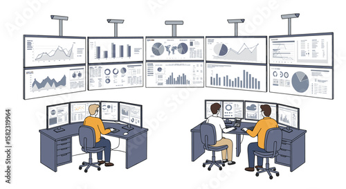 Control room monitors with data analysts reviewing charts and graphs