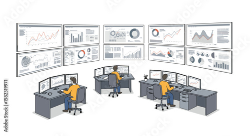 Control room with analysts monitoring data and graphs on multiple screens in isometric design