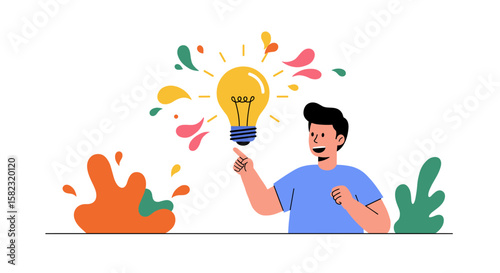 Colorful idea concept with man pointing at light bulb in flat design