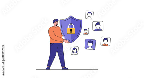 Protecting personal data: a man holds a shield with a lock in a digital privacy concept
