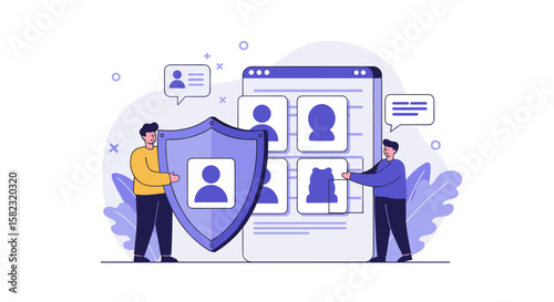 Digital privacy protection concept with shield and online user profiles in modern design