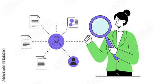 Businesswoman analyzing data connections with magnifying glass in modern flat design