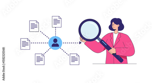 Person analyzing data with magnifying glass and document network