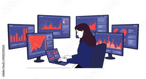 Business analyst monitoring financial data on multiple monitors in modern workspace