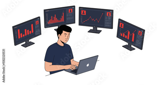 Man analyzing data on laptop surrounded by graph displays in modern workspace