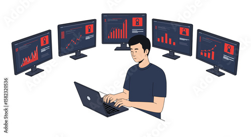 Data analyst working on laptop in front of multiple screens displaying graphs and charts