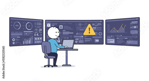 Data analyst at work with monitors displaying analytics and alerts