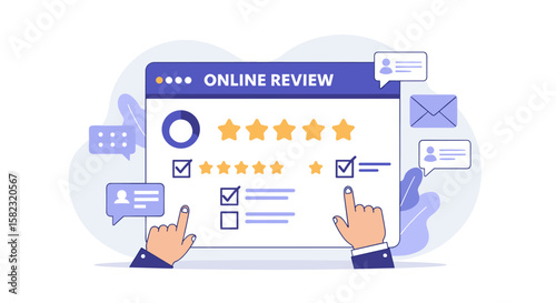 Flat design online review concept with stars and hands