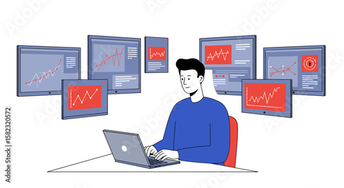 Business analyst working on laptop with multiple data performance screens