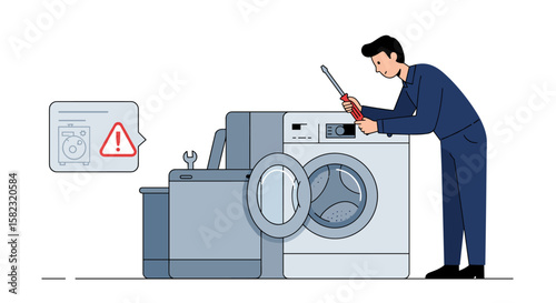 Technician repairing washing machine with alert icon in modern flat style