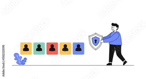 Data protection concept with person holding shield securing user profiles in colorful boxes