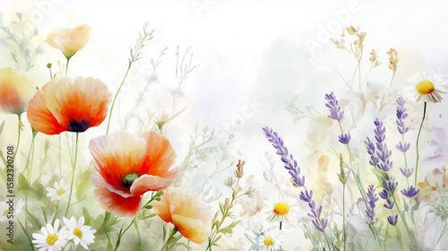 Delicate watercolor bouquet showcasing vibrant wildflowers with soft hues and gentle details