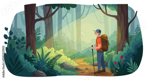 Nature adventure: hiker exploring serene forest trail with morning light