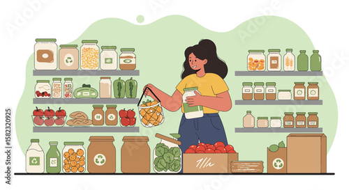 Woman shopping in a zero waste grocery store with reusable containers and eco-friendly products