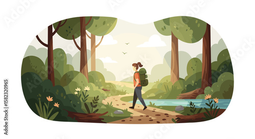 Nature trekker in lush forest with backpack and flowing stream under sunny skies