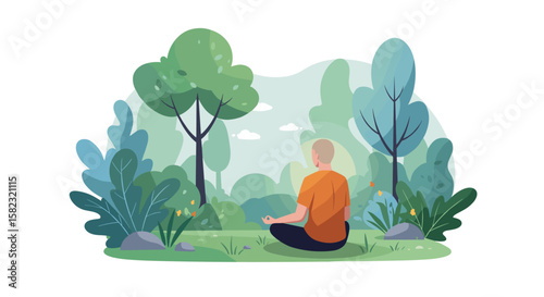 Peaceful meditation in nature with calm greenery and serene landscape