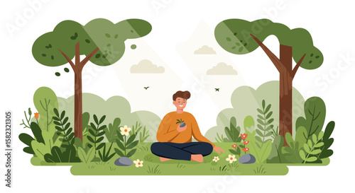 Calm meditation in serene forest setting with verdant greenery and tall trees