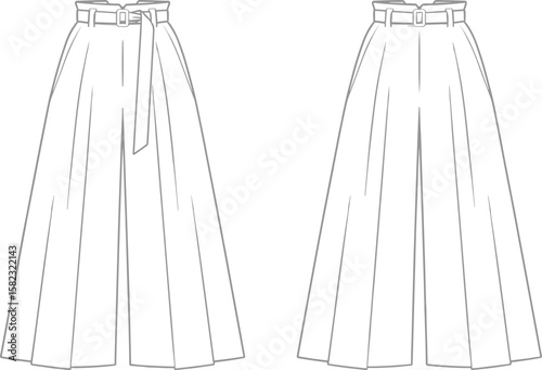 Wide leg high waist pants, belted trousers flat sketch, front and back view, fashion technical drawing, vector illustration, garment CAD