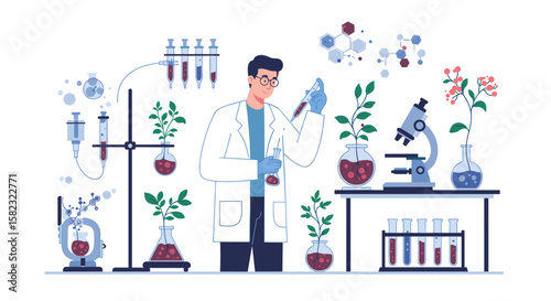 Scientist conducting plant research in a laboratory with scientific equipment and glassware