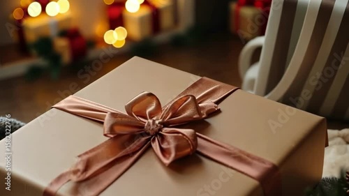 Festive gift wrapped with a satin ribbon displayed in a cozy holiday setting