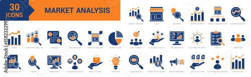 Market Analysis icon collection set. Containing market research, growth, segmentation, customer centricity, trends, sales, insight, data, competitor analysis, market, strategy icon. Simple flat vector