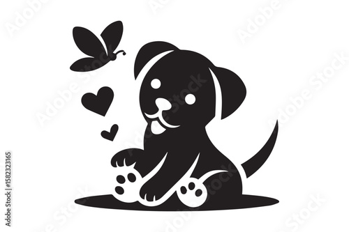 Dog Silhouette logo. Beautiful Black and White Dog, Canine, Hound, Pooch, Puppy, Mutt, Tyke, Doggy.	