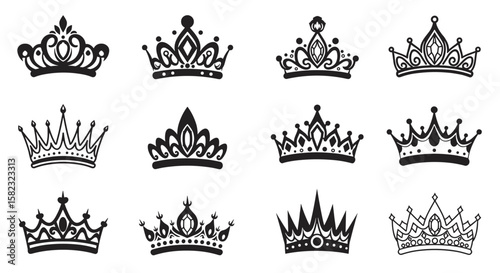 Elegant crown silhouettes set featuring ornate black designs for royalty and fashion themes