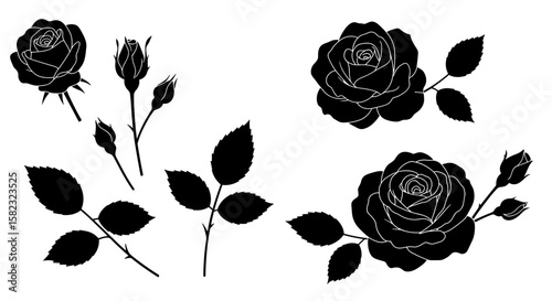 Elegant rose silhouette collection with leaves and buds for floral designs
