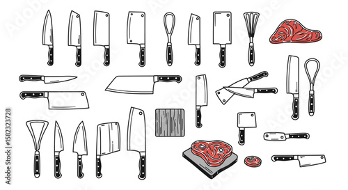 Collection of various kitchen knives and utensils for culinary professionals