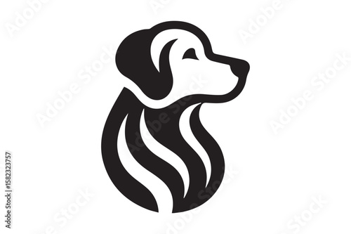 Dog Silhouette logo. Beautiful Black and White Dog, Canine, Hound, Pooch, Puppy, Mutt, Tyke, Doggy.	