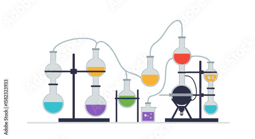 Colorful chemical lab glassware setup with connected flasks and tubes