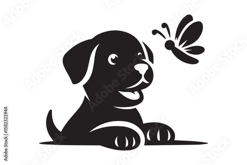 Dog Silhouette logo. Beautiful Black and White Dog, Canine, Hound, Pooch, Puppy, Mutt, Tyke, Doggy.	