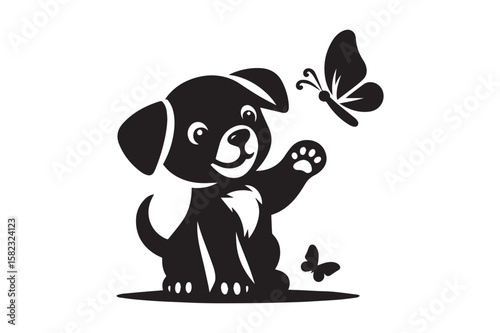 Dog Silhouette logo. Beautiful Black and White Dog, Canine, Hound, Pooch, Puppy, Mutt, Tyke, Doggy.	