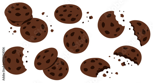 Chocolate chip cookie pattern with crumbs on white background
