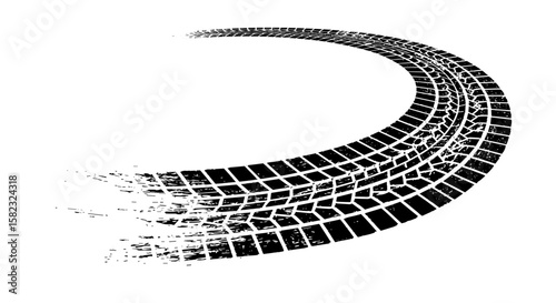Dynamic tire track curved grunge effect on white background