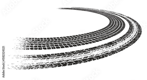 Grunge tire track curved design on white background for automotive themes