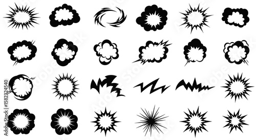 Collection of comic book explosion and impact shapes in silhouette style