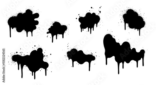 Dripping ink blots on white background: grunge art elements collection