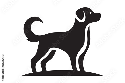 Dog Silhouette logo. Beautiful Black and White Dog, Canine, Hound, Pooch, Puppy, Mutt, Tyke, Doggy.	