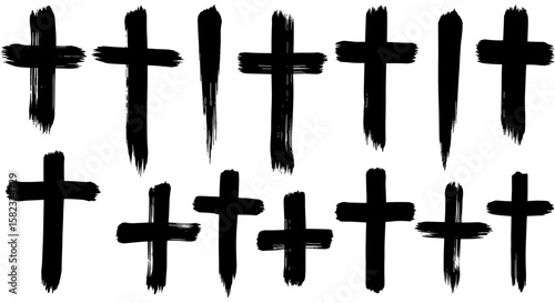 Hand-drawn ink brush crosses collection in black on white background