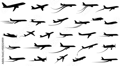 Airplane silhouette collection: diverse jet designs with flight patterns