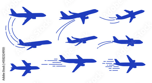 Set of airplane icons with motion lines in blue silhouette style