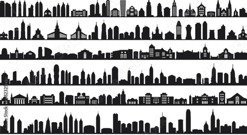 City skylines silhouette seamless pattern with iconic landmark buildings