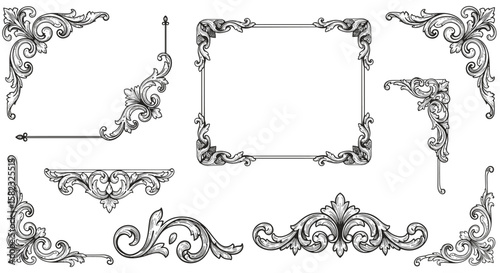 Intricate baroque ornament set: detailed vintage decorative frames and corners