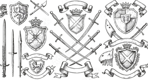 Medieval heraldry shields and swords engraved collection with banners and crests