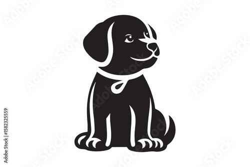 Dog Silhouette logo. Beautiful Black and White Dog, Canine, Hound, Pooch, Puppy, Mutt, Tyke, Doggy.	