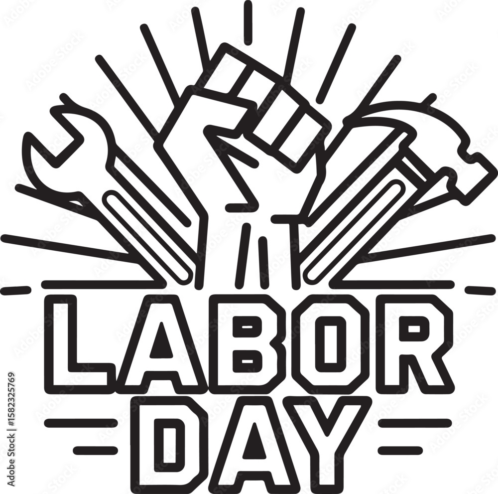Fototapeta premium Labor Day Outline Illustration with Tools, Fist, and Sunburst Design
