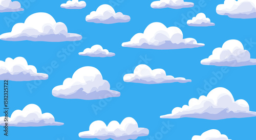 Fluffy clouds seamless pattern on clear blue sky