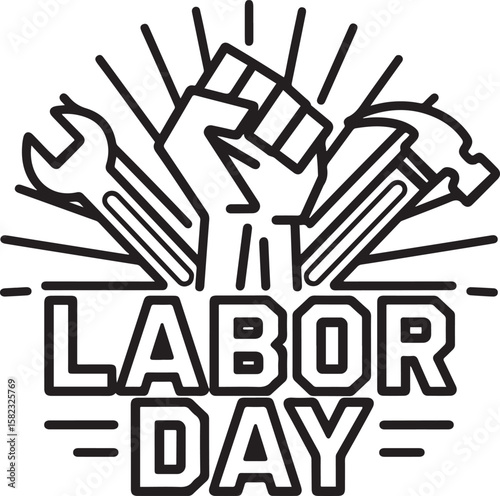 Labor Day Outline Illustration with Tools, Fist, and Sunburst Design