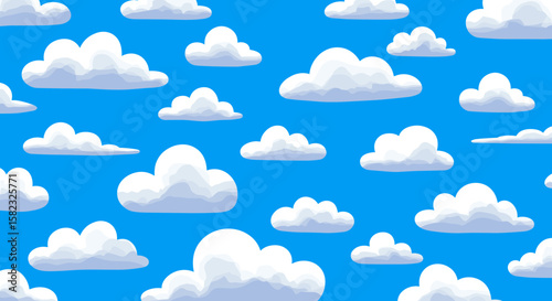 Seamless pattern of fluffy clouds on a bright blue sky background